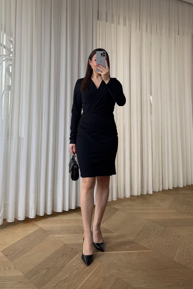 Tuba Black Wrap Dress With V Neck And Long Sleeves Wholesale Clothing 1