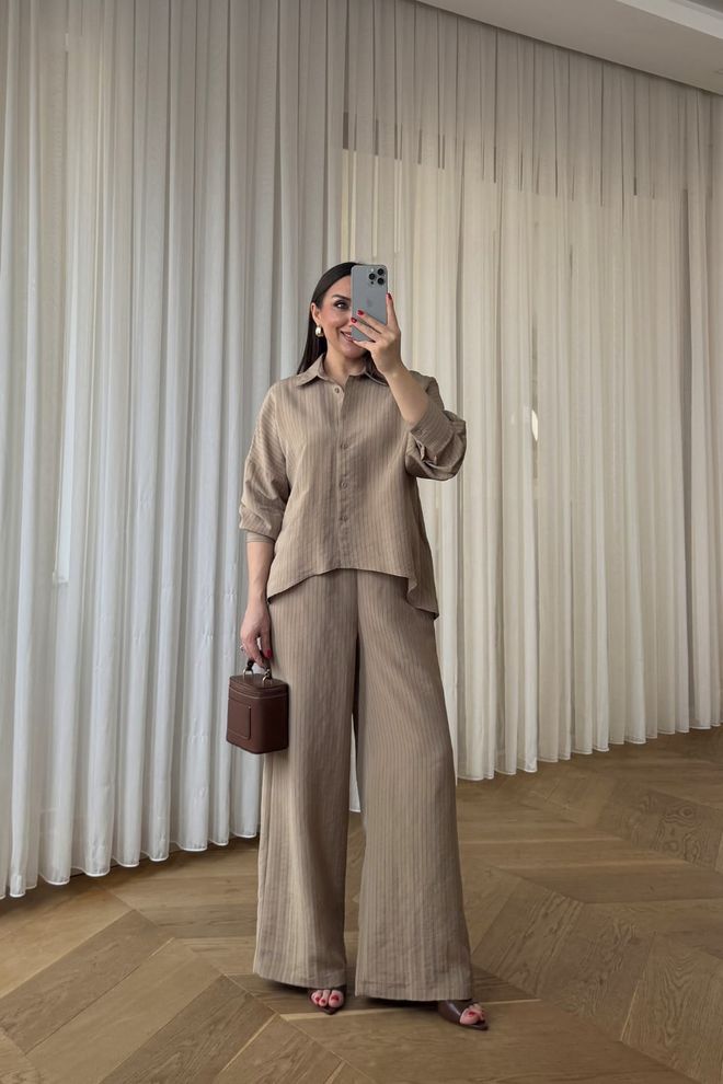 Tuba Μπεζ Ριγέ Σετ Παλάζο Για Εργασία Και Πάρτι Χονδρικό εμπόριο ενδυμάτων Casual