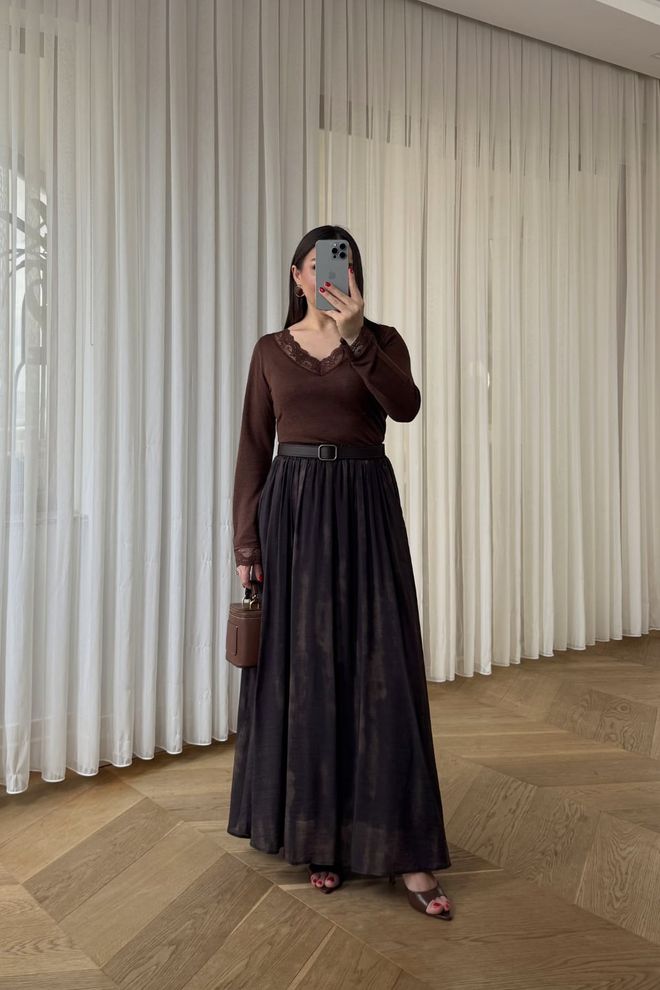 Tuba Brown Elegant Flared Maxi Skirt Wholesale Clothing Modest