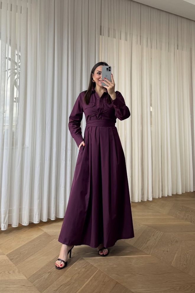 Tuba Claret Red Elegant Floor Length Shirt Dress Wholesale Clothing Modest