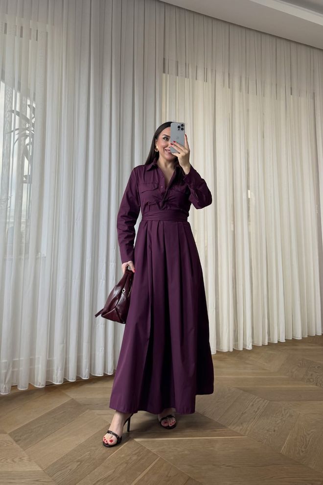 Tuba Claret Red Elegant Floor Length Shirt Dress Wholesale Clothing Formal