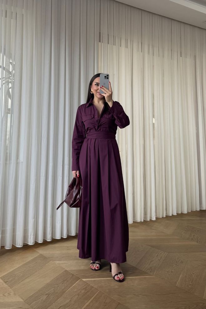 Tuba Claret Red Elegant Floor Length Shirt Dress Wholesale Clothing Spring