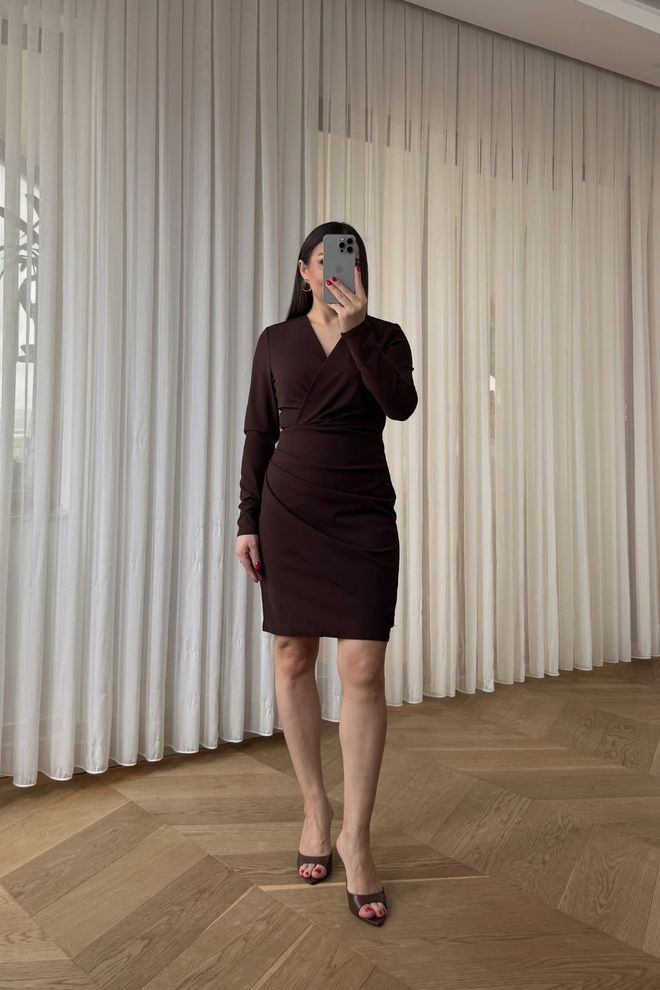 Tuba Brown Wrap Dress With V Neck And Long Sleeves Wholesale Clothing Work