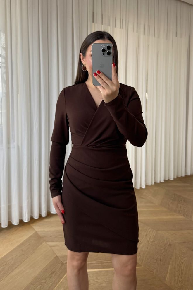 Tuba Brown Wrap Dress With V Neck And Long Sleeves Wholesale Clothing 1