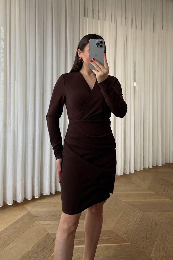 Tuba Brown Wrap Dress With V Neck And Long Sleeves Wholesale Clothing Spring