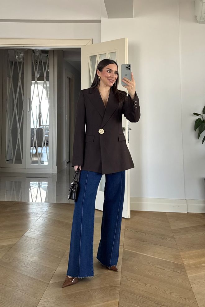 Tuba Kahverengi Tek Düğmeli Blazer Ceket Toptan Giyim Resmi