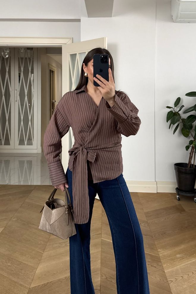 Tuba Elegant Brown Striped Shirt With Tie Closure Wholesale Clothing Casual