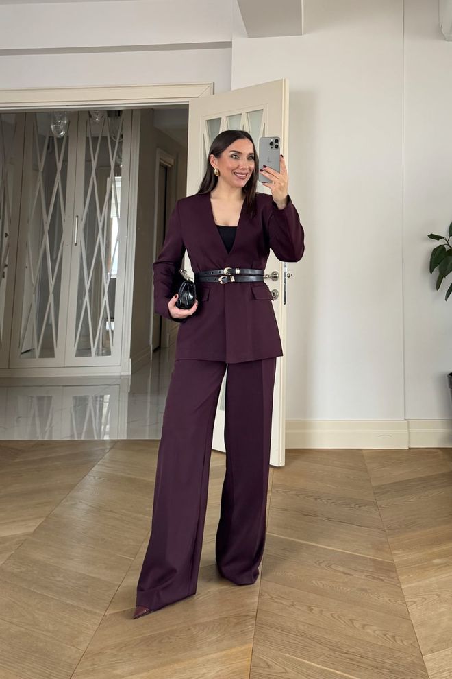 Tuba Spodnie Z Paskiem W Kształcie Litery V Garnitur Damski Damson Color Hurtowa sprzedaż odzieży 0