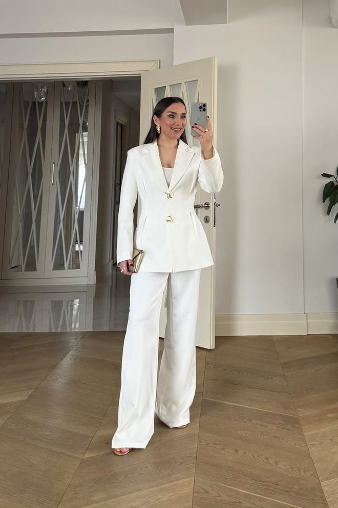 Tuba Pile Detailed Jacket Pants Damski Garnitur Biały Hurtowa sprzedaż odzieży 0