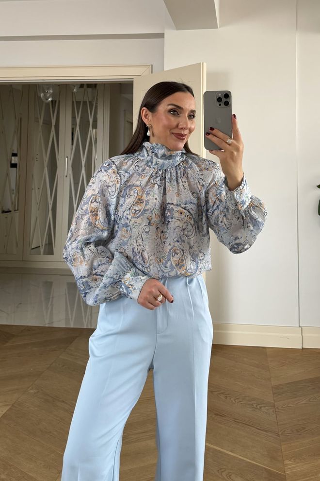 Tuba Wzorzysta Bluzka Z Długim Rękawem Z Szalem Niebieska Hurtowa sprzedaż odzieży 0