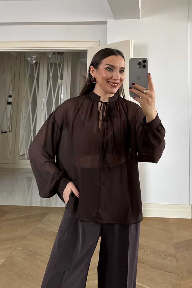 Tuba Brown Elegant Shirt With Tie Closure Wholesale Clothing Modest