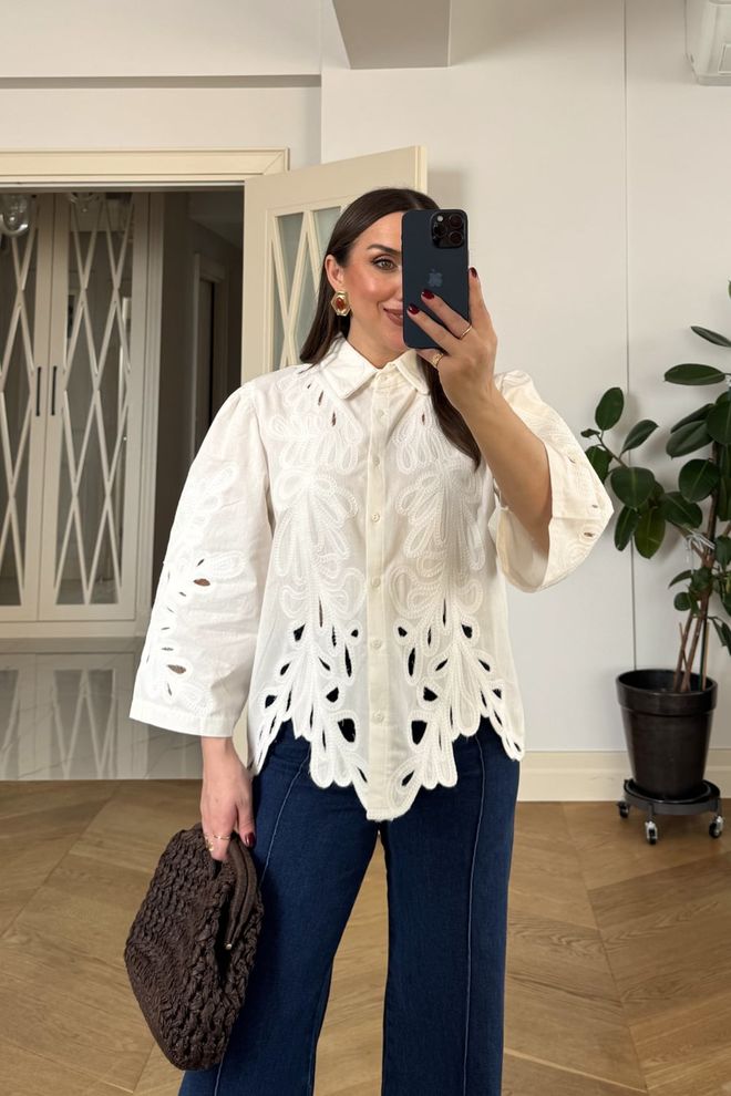 Tuba Beyaz Zarif Gündelik Tesettür Gömlek Toptan Giyim 5