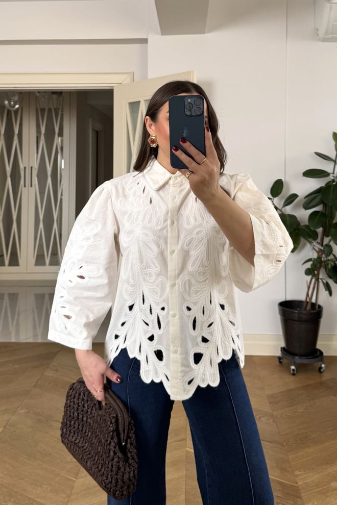 Tuba Beyaz Zarif Gündelik Tesettür Gömlek Toptan Giyim 1