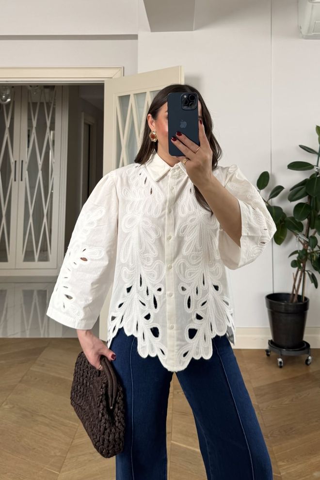 Tuba Beyaz Zarif Gündelik Tesettür Gömlek Toptan Giyim Ev Hali