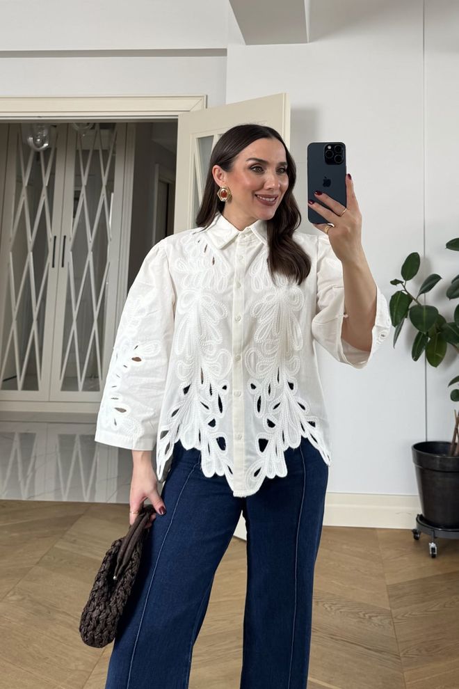 Tuba Beyaz Zarif Gündelik Tesettür Gömlek Toptan Giyim Gündelik