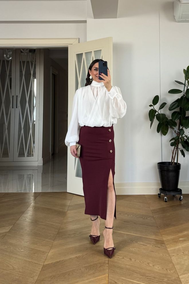 Tuba Claret Red Elegant Pencil Skirt Midi High Waist Wholesale Clothing Sexy