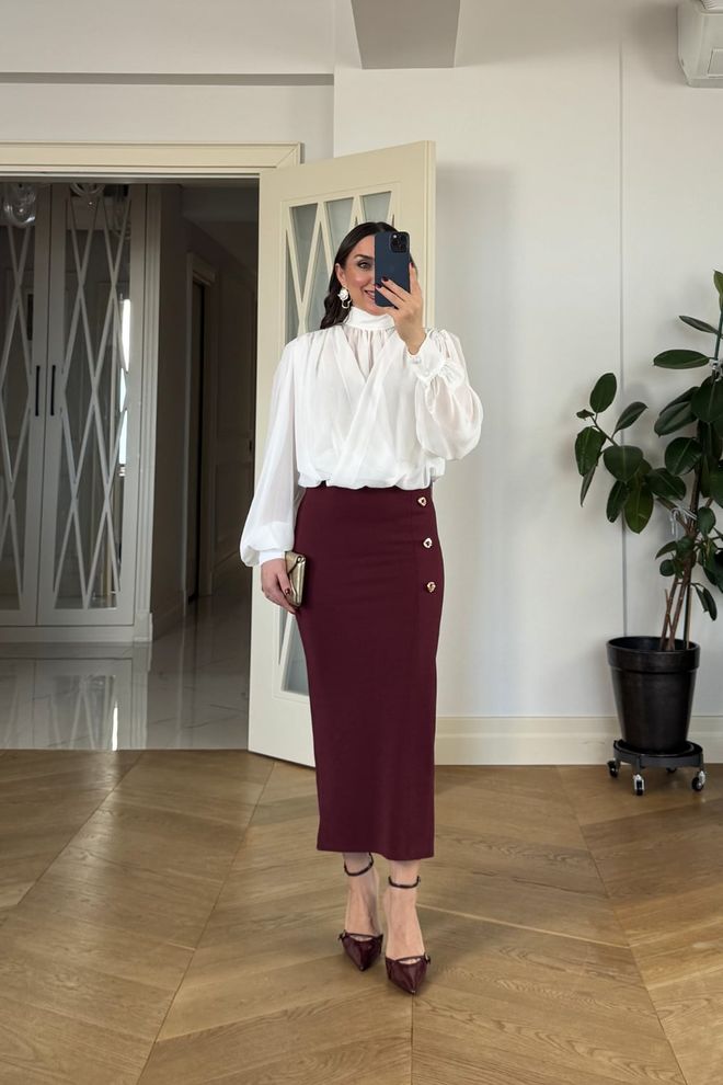 Tuba Claret Red Elegant Pencil Skirt Midi High Waist Wholesale Clothing 1