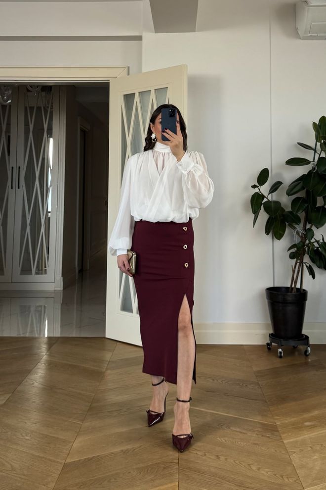 Tuba Claret Red Elegant Pencil Skirt Midi High Waist Wholesale Clothing Work