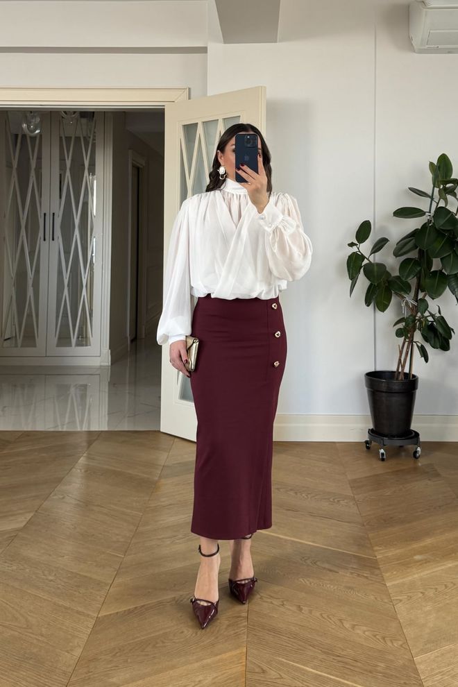Tuba Claret Red Elegant Pencil Skirt Midi High Waist Wholesale Clothing Spring