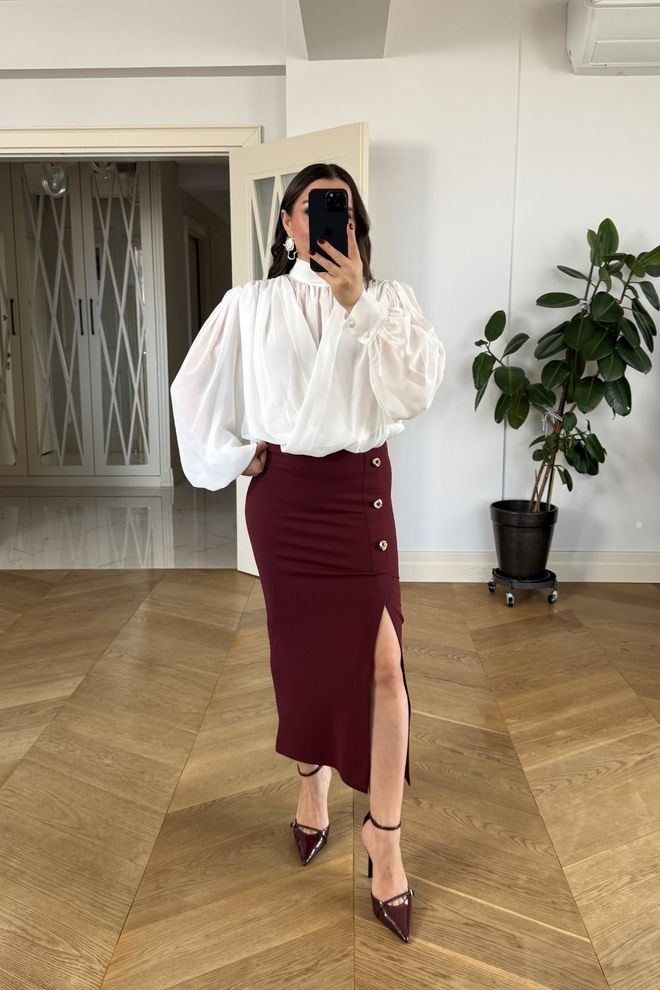 Tuba Claret Red Elegant Pencil Skirt Midi High Waist Wholesale Clothing Formal