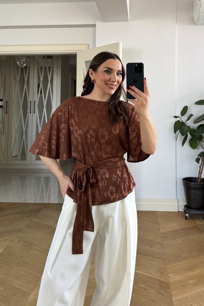 Tuba Brown Floral Elegant Tie Neck Half Sleeve Shirt Wholesale Clothing Casual