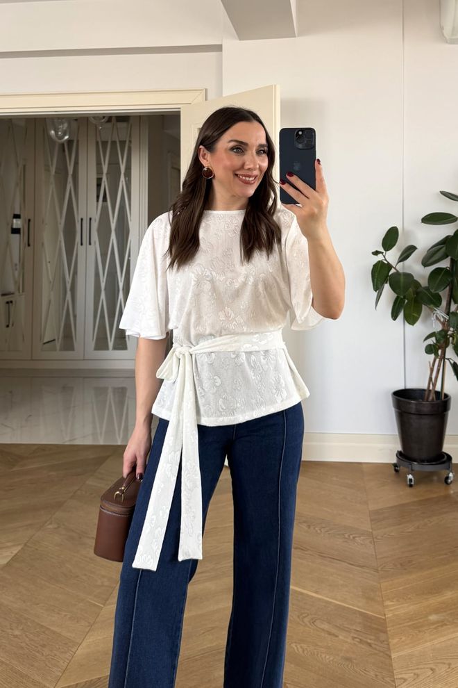 Tuba White Elegant Floral Shirt With Tie Closure Wholesale Clothing Modest