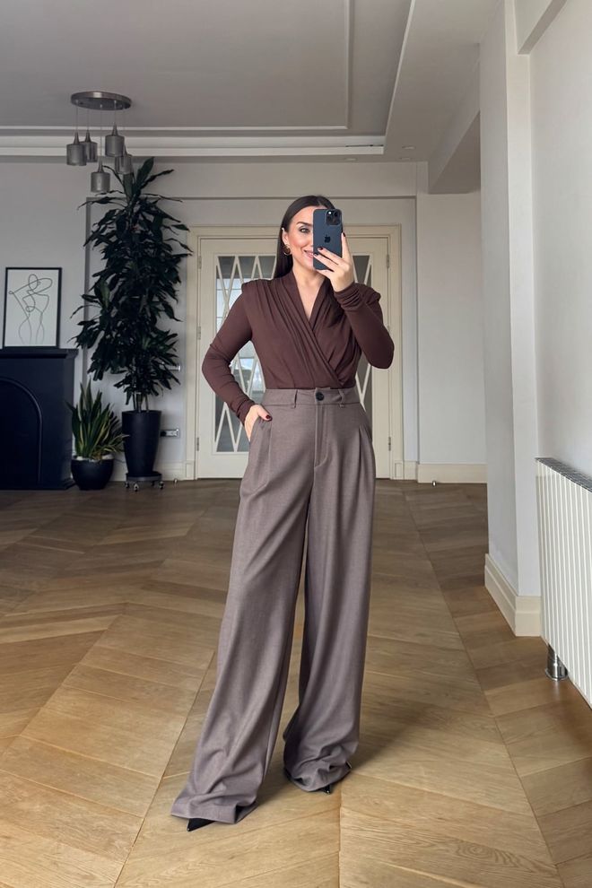 Tuba Brown Elegant Palazzo Pants With High Waist Wholesale Clothing Casual
