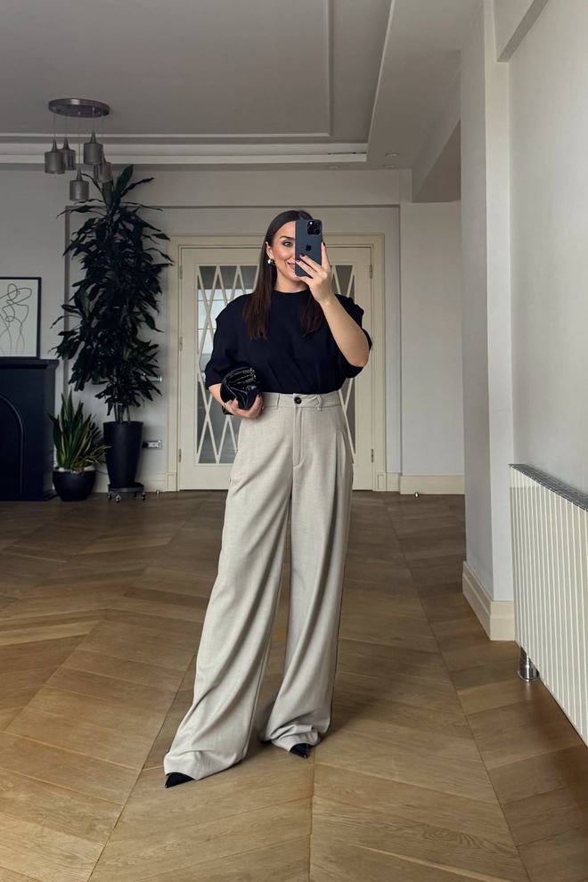 Tuba Beige Palazzo Pants With High Waist And Wide Leg Wholesale Clothing Casual