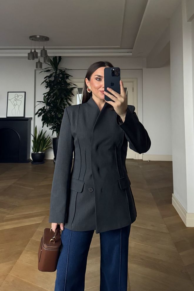 Tuba Греи Елегантан Сингле Бреастед Јакна Велепродаја одеће Формални