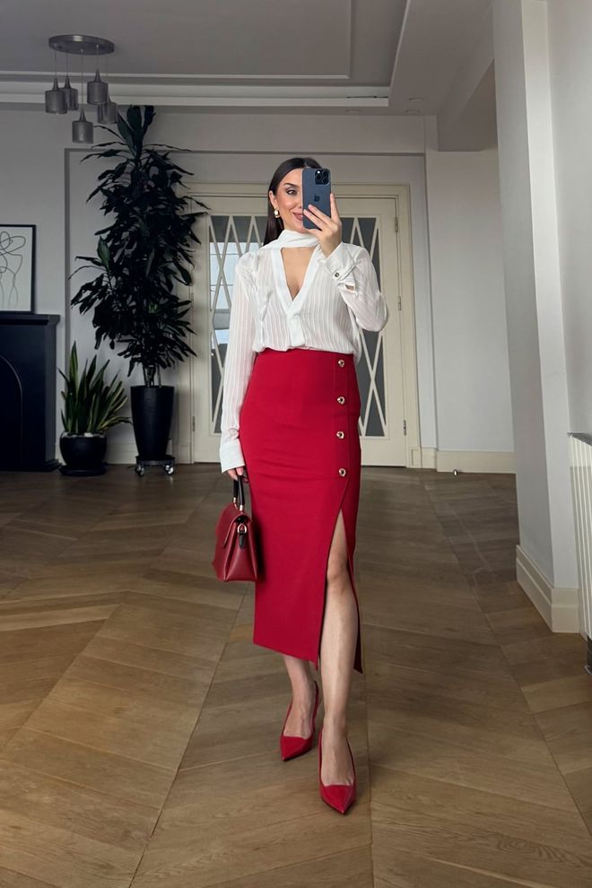 Tuba Roter Bleistift Midirock Mit Knöpfen Großhandelskleidung Sexy