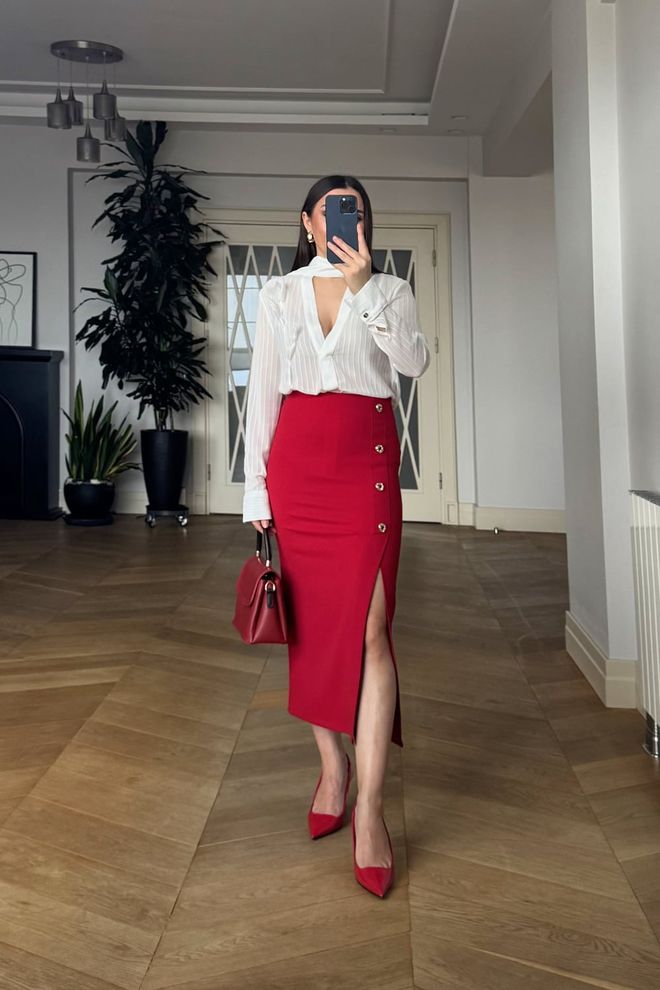 Tuba Црвена Оловка Миди Сукња Са Дугмадима Велепродаја одеће Пролеће