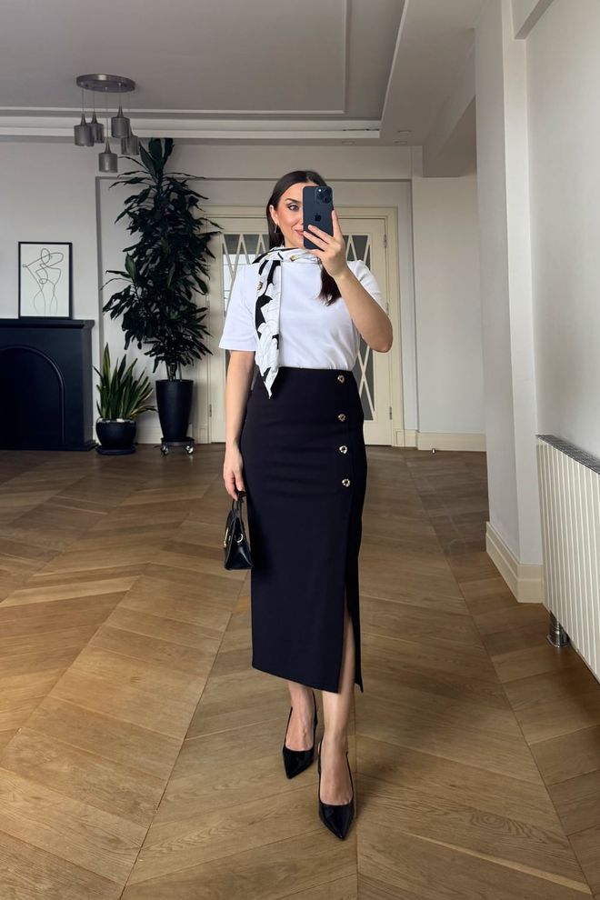 Tuba Елегантна Црна Сукња Са Високим Струком И Асиметричним Миди Кројем Велепродаја одеће 1