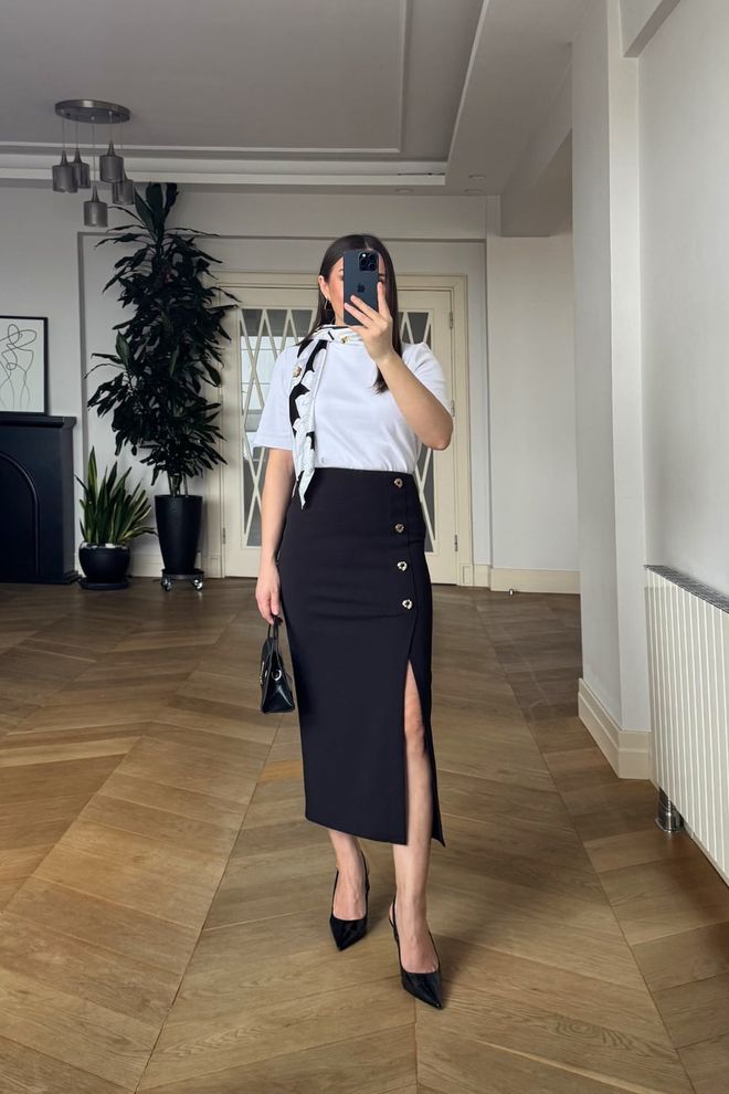 Tuba Елегантна Црна Сукња Са Високим Струком И Асиметричним Миди Кројем Велепродаја одеће 5