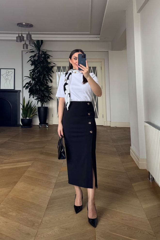 Tuba Елегантна Црна Сукња Са Високим Струком И Асиметричним Миди Кројем Велепродаја одеће Елегантан