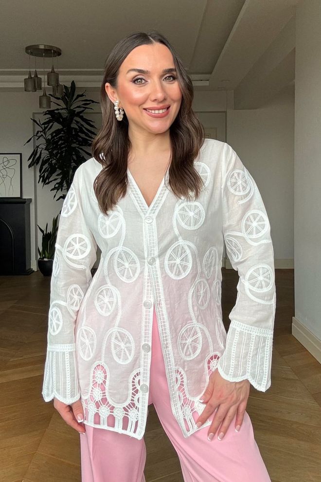 Tuba Crochet Embroidered V Neck Women's Shirt Ecru Wholesale Clothing 0