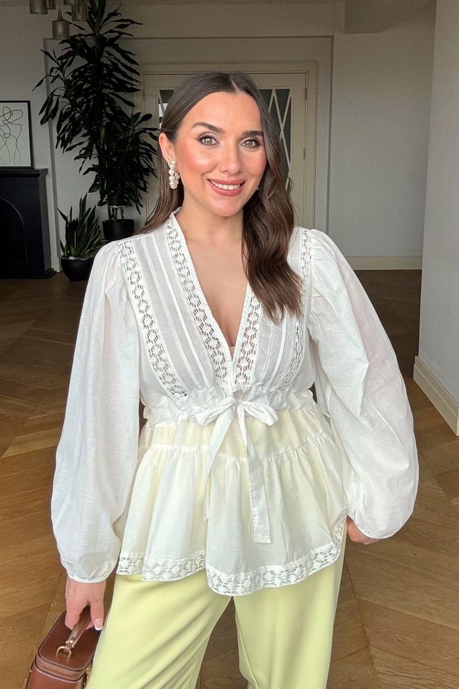 Tuba V Neck Crochet Detailed Long Sleeve Blouse Ecru Wholesale Clothing 0