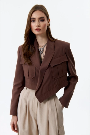 A model wears TBU10053 - Jacket - Brown, wholesale undefined of Tuba Butik to display at Lonca