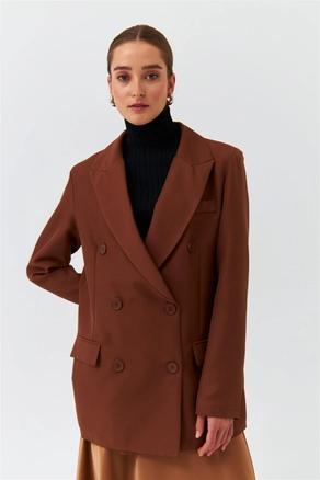 A model wears TBU10127 - Modest Double Breasted Blazer Women's Jacket - Brown, wholesale undefined of Tuba Butik to display at Lonca