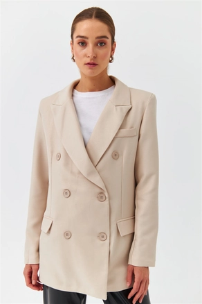 A model wears TBU10289 - Modest Double Breasted Blazer Women's Jacket - Beige, wholesale undefined of Tuba Butik to display at Lonca