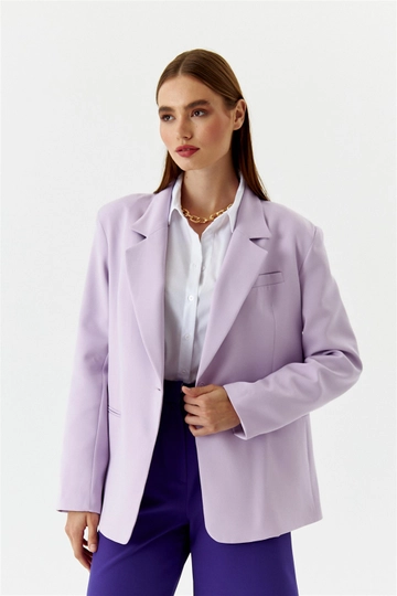 A wholesale clothing model wears  Women's Single Button Blazer Jacket - Lilac
, Turkish wholesale Jacket of Tuba Butik