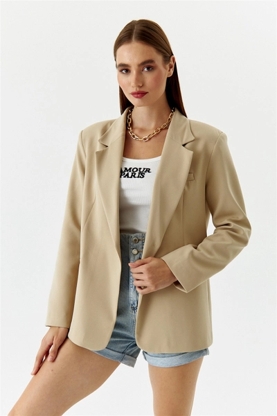 A model wears TBU11189 - Single Button Blazer Women's Jacket - Mink, wholesale Jacket of Tuba Butik to display at Lonca