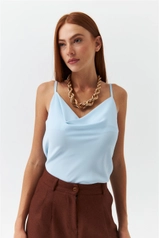 A model wears 36109 - Blouse - Baby Blue, wholesale undefined of Tuba Butik to display at Lonca