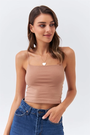 A model wears 36282 - Crop Top - Light Brown, wholesale undefined of Tuba Butik to display at Lonca