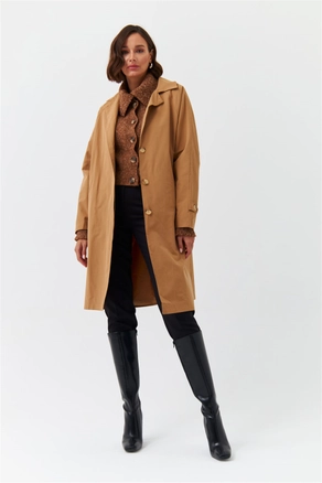A model wears 36379 - Trenchcoat - Camel, wholesale undefined of Tuba Butik to display at Lonca
