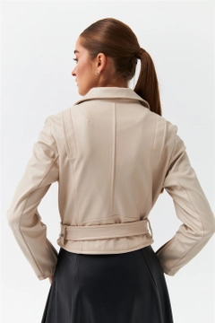 A wholesale clothing model wears 37052 - Jacket - Stone, Turkish wholesale Jacket of Tuba Butik