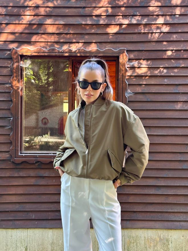 Umay Chaqueta Bomber Caqui Sobredimensionada Con Cremallera Ropa al por mayor Casual
