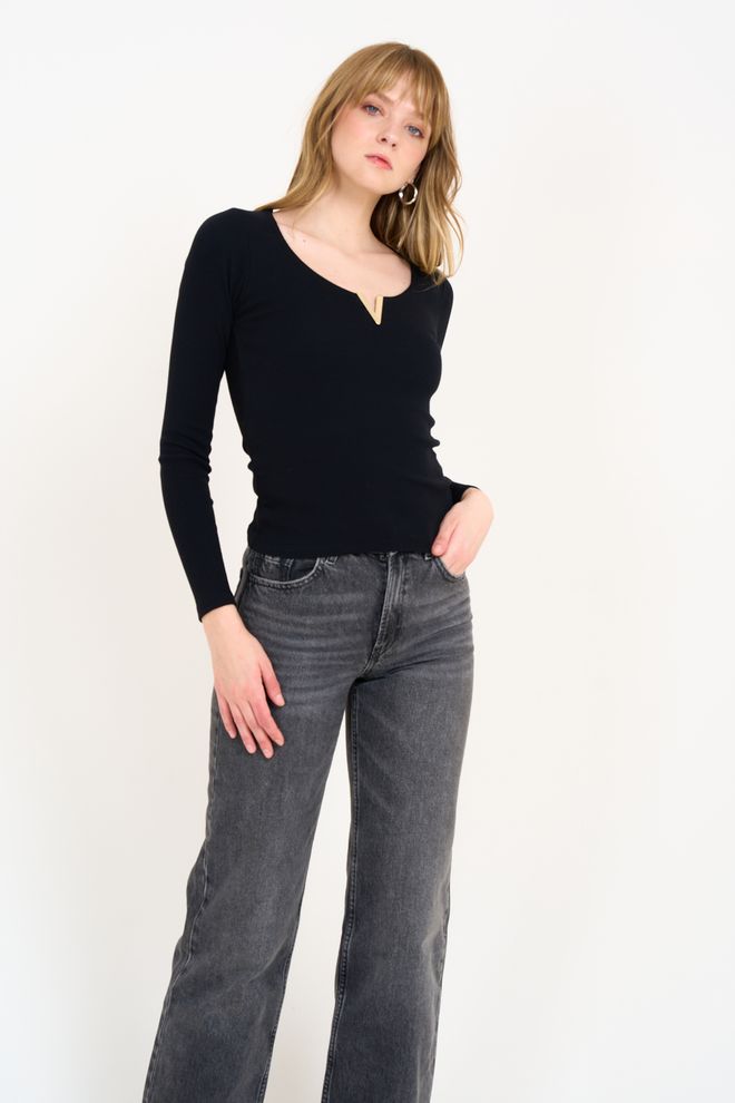 Umay Blusa Negra De Corte Ajustado Con Escote En V Y Manga Larga Ropa al por mayor Casual