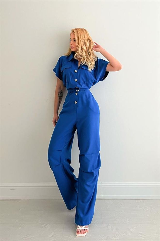 Umay Combinaison Bleue Avec Encolure Échancrée Et Fermeture Boutonnée Vêtements en gros Décontracté