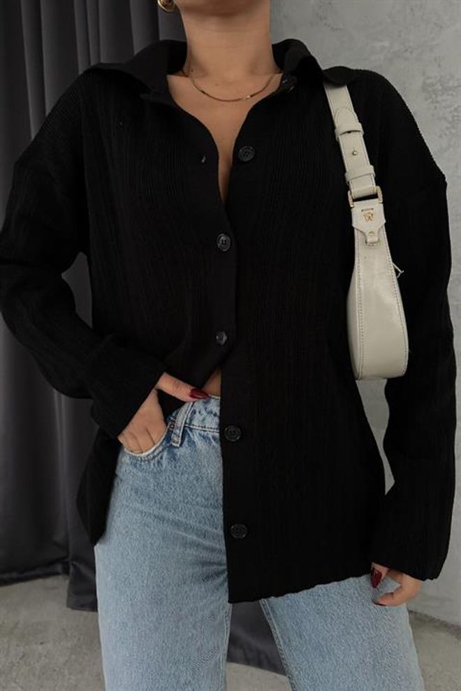 Umay Chaqueta Camisa Sobredimensionada Negra Con Cuello En Punta Ropa al por mayor Casual