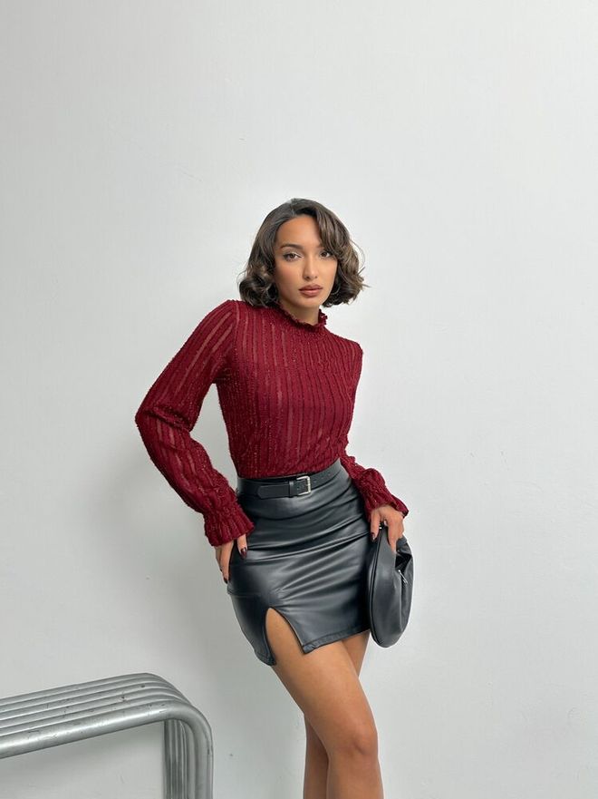Umay Blusa Rojo Clarete Elegante Glam Slim Fit Cuello Alto Ropa al por mayor Antiguo